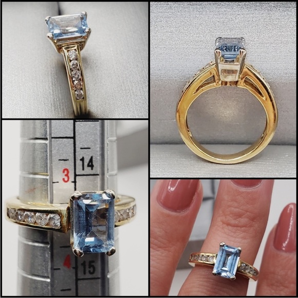 14k Solid Yellow Gold Emerald Cut Blue Topaz & Diamond Ring copy - Picture 2 of 4